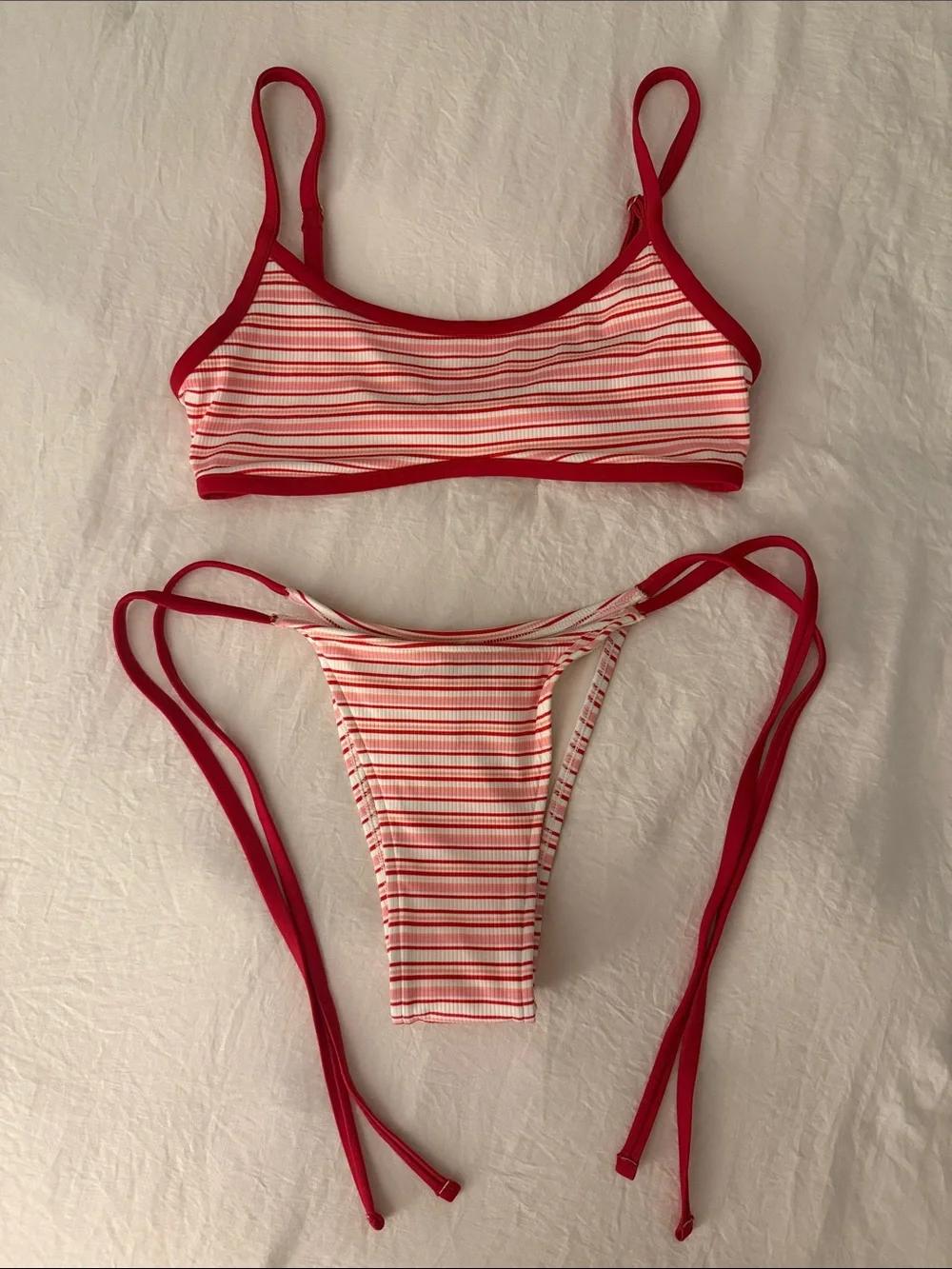 Frankie's Bikinis by Pink | Red and White Striped Tie-Side Bikini | S/M